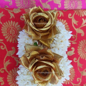 Artificial Jasmine Golden Rose wedding Gajra,Hand Gajra, Hair Accessories, Handmade Indian Wedding Floral Jewelry, Mayoon Jewelry, Hair bun image 10