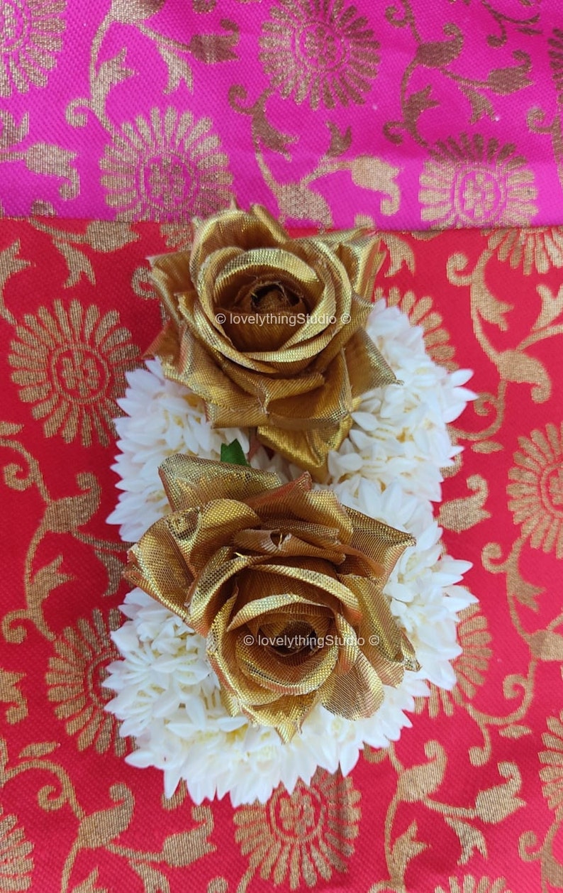 Artificial Jasmine Golden Rose wedding Gajra,Hand Gajra, Hair Accessories, Handmade Indian Wedding Floral Jewelry, Mayoon Jewelry, Hair bun image 10