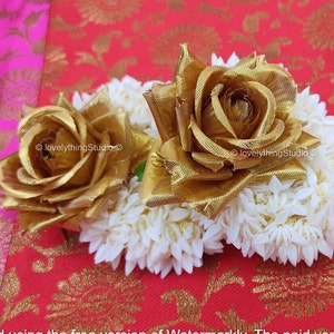 Artificial Jasmine Golden Rose wedding Gajra,Hand Gajra, Hair Accessories, Handmade Indian Wedding Floral Jewelry, Mayoon Jewelry, Hair bun image 2