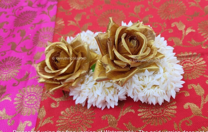 Artificial Jasmine Golden Rose wedding Gajra,Hand Gajra, Hair Accessories, Handmade Indian Wedding Floral Jewelry, Mayoon Jewelry, Hair bun image 2