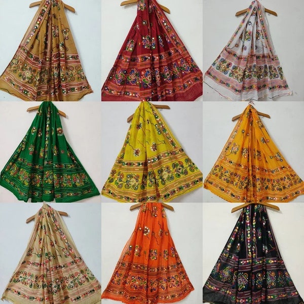 Vibrant Indian Handmade Emboriey Dupatta With Mirror Work Colorful Floral Design For Wedding Style Chunni Women Scarf Perfect Gift For Her