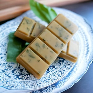 May include: Two rectangular bars of beige wax with green flecks, arranged on a blue and white patterned plate. The bars are divided into sections and have a subtle green hue.