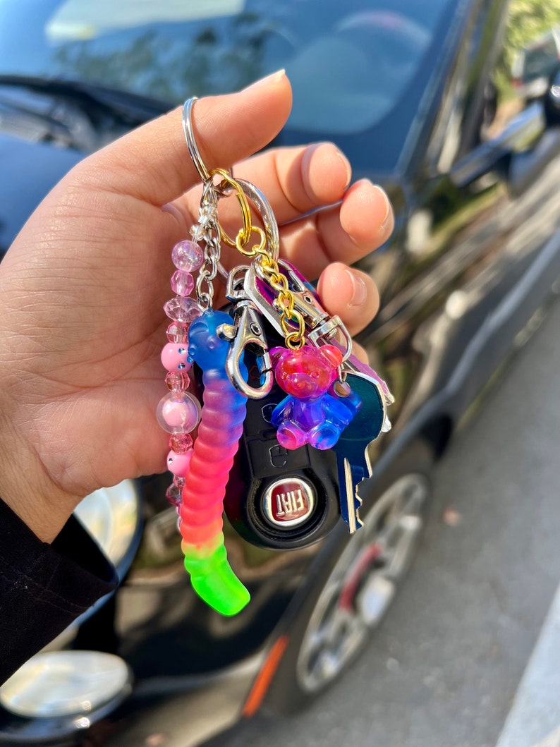 Gummy Worms Keychain Neon Keychains Blue Pink Green Keychain Multicolor Keychain Etsy