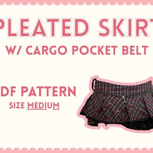 May include: A PDF pattern for a pleated skirt with a cargo pocket belt. The text on the image reads "PLEATED SKIRT W/ CARGO POCKET BELT PDF PATTERN SIZE MEDIUM". The skirt is a medium size and has a red, black, and gray plaid pattern.
