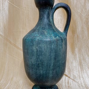 Handmade Terracotta Vase, Tall Elongated Clay Vase, Dark Teal Pottery, Greenish Blue Vase, Distressed Rustic Pottery, Textured Surface Vase