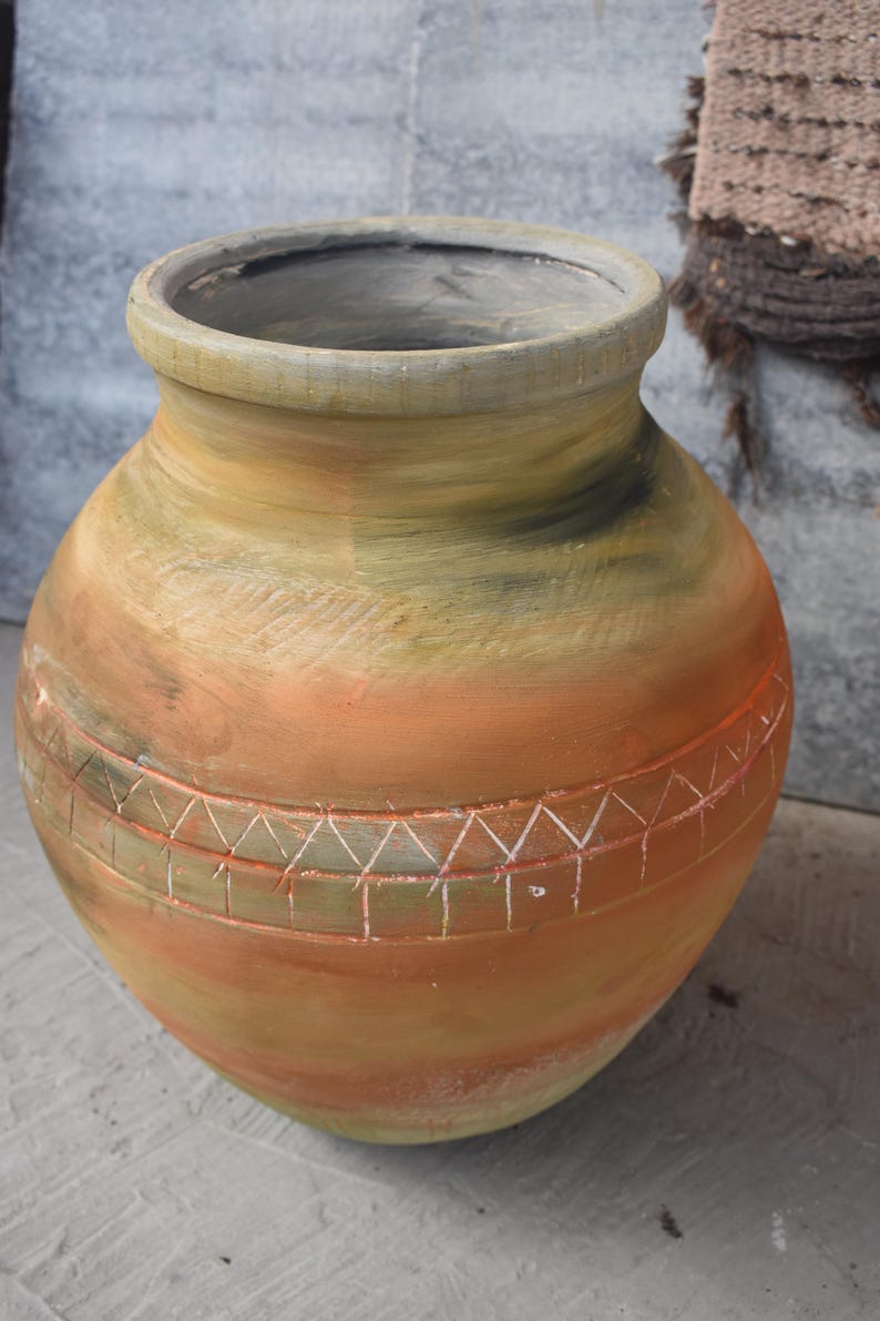 Carved Terracotta Matka Vase, Brown Olive Wabi Sabi Pottery, Rustic ...