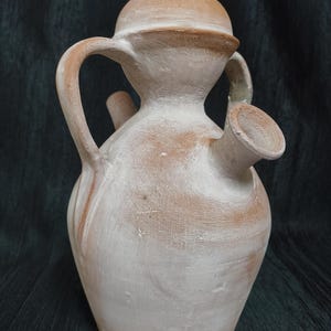 Handmade Clay Vessel, 2-Spout Clay Jug, Traditional Clay Storage Container, Clay Water Jug, Beige and Orange Clay Pot, Clay Jug with Handle