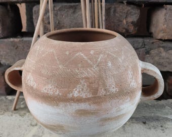 Aged Terracotta Pot with Handles - Rustic Wabi-Sabi Vase - Mediterranean Farmhouse Decor - Handcrafted Clay Jar - Boho Chic Urn