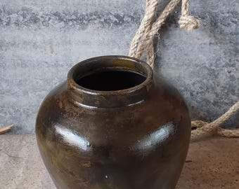 Large Antique Thai Water Jar, 19th Century Brown Glazed Pottery, Vintage Chinese Hangzhou Storage Vessel, Bulbous Earthenware Pot