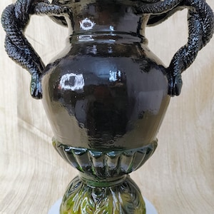 Terracotta Clay Amphora, Jet Black Pot, High-Gloss Finish Pot, Wide Body Vase, Decorative Leafy Design Pot, Handcrafted Pottery Decor