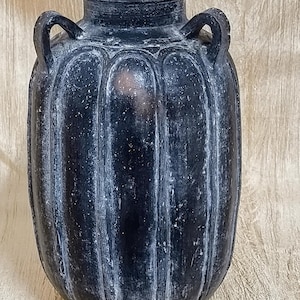 Ribbed Clay Pottery, Bulbous Clay Vessel, Wide Neck Terracotta Jar, Handmade Terracotta Storage Jar, Curved Handles Pottery, Rustic Clay Jug