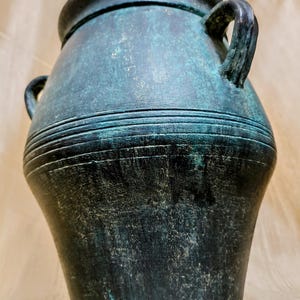 Handmade Terracotta Vase, Rustic Clay Storage Jar, Dark Teal Pottery, Bluish Green Vase, Distressed Clay Vessel, Weathered Terracotta Jar