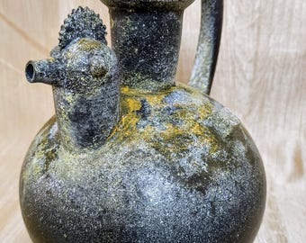Terracotta Clay Jug, Black Decorative Jug, Mottled Grey Pot, Bulbous Body Jug, Narrow Base Pot,  Decorative Museum Pot, Hand-Molded Jug