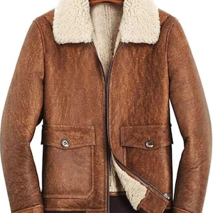 Handmade Men's Brown Aviator Real Sheepskin Leather Coat Slim & fit with Sherpa Cozy Fur mens pilot jacket sheepskin flying jacket best gift