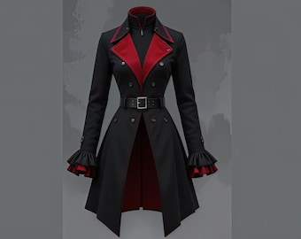 Victorian Gothic Women's Long Coat with Red Accents Ruffled Sleeves Elegant Fall & Winter Outerwear