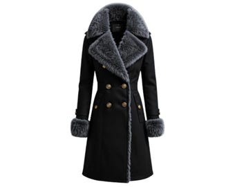 May include: A black double-breasted coat with a gray faux fur collar, cuffs, and trim. The coat features gold-colored buttons and a tailored fit, offering a classic and elegant look. This outerwear is suitable for cold weather.