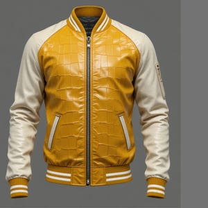 Peut inclure: Veste de style bomber jaune et crème avec un motif texturé en forme de crocodile sur le devant. La veste a une fermeture éclair, des bordures de poches blanches et des rayures blanches sur les poignets et l'ourlet. Les manches sont crème.