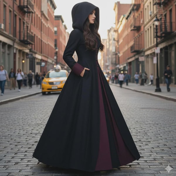 Elegant Black & Maroon Cotton Hooded Long Coat for Women | Gothic Victorian Trench Coat | Handmade Winter Fashion Gift