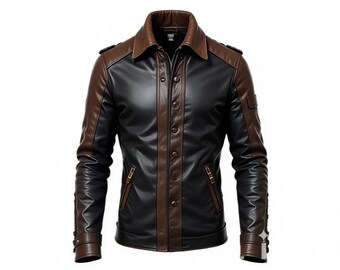 Men's Stylish Brown and Black Leather Jacket - Vintage Military-Style Biker Coat