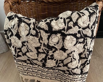 Premium Inspiration Handmade Throw Handblock Print Cotton Throw Blanket Sofa Decor Room Decor Tassels Hand Loomed Soft Blankets