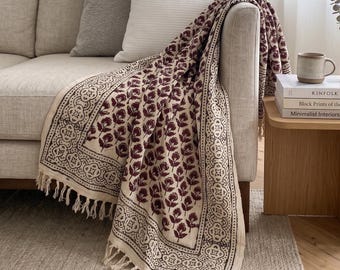 Handmade Floral Cotton Throw Blanket, Hand Block Printed