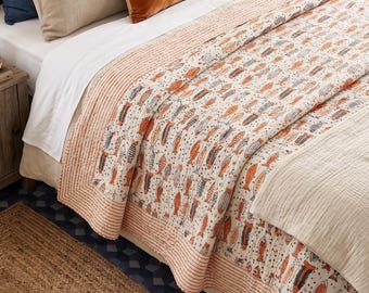 Hand Block Print Fish Kantha Quilt – Indian Cotton Bedding, King Size Throw Blanket