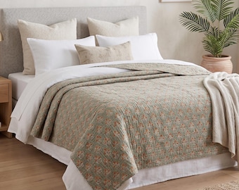 Hand Block Print Kantha Quilt: Floral Cotton Bedspread, Hand Stitched Bedding