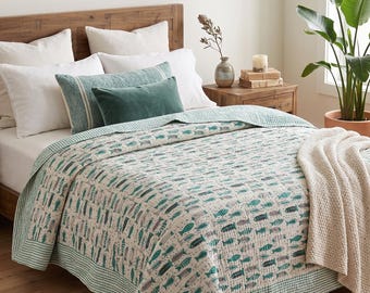 Handmade Fish Print Kantha Quilt – Indian Block Print Cotton Bedding