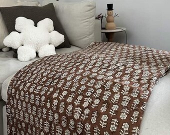 Vintage inspired Home Décor Throw,  Handmade Throw Hand Block Print Throw Cotton Throw Blanket Tassels Hand Loomed Block Print Sofa Throw.