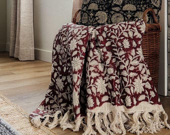 Premium Handmade Cotton Throw Blanket Cozy Boho Blanket with Tassels & Beautiful Handblock Print for Living Room, Couch Bedroom Décor