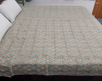 HandBlock Print Kantha Quilt Bedding Floral Handcrafted Cotton Bedspread Handmade Cotton Kantha Quilt Full Size Bedding Bedspread