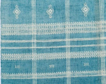 Handwoven Bhujodi Wool Throw Blanket, Teal Green, Geometric Pom Poms