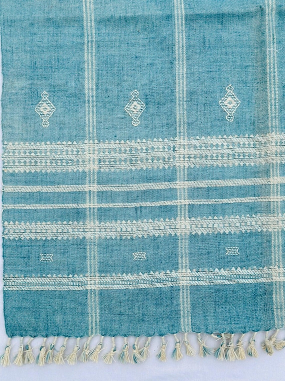 Handwoven Bhujodi Wool Throw Blanket, Teal Green, Geometric Pom Poms