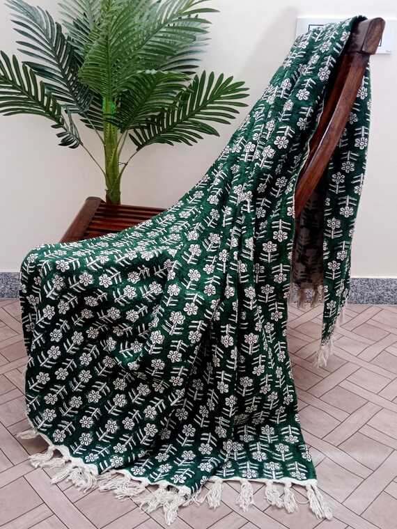 BOHO Floral Throw BLANKET in Block print With Tassels Hand loomed Block Print Organic Cotton Sofa and Bed Throw Cozy Neutral Decor  Throw.