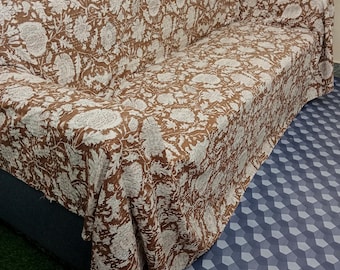 Handmade Floral Kantha Quilt: Brown Block Print Cotton Bedspread