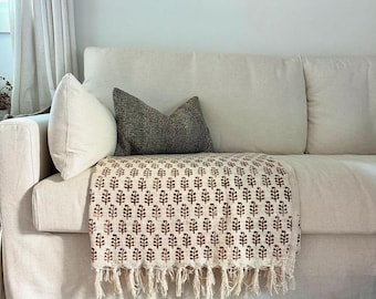 Organic Cotton Hand Block Print Throw Blanket – Boho Sofa Décor with Tassels