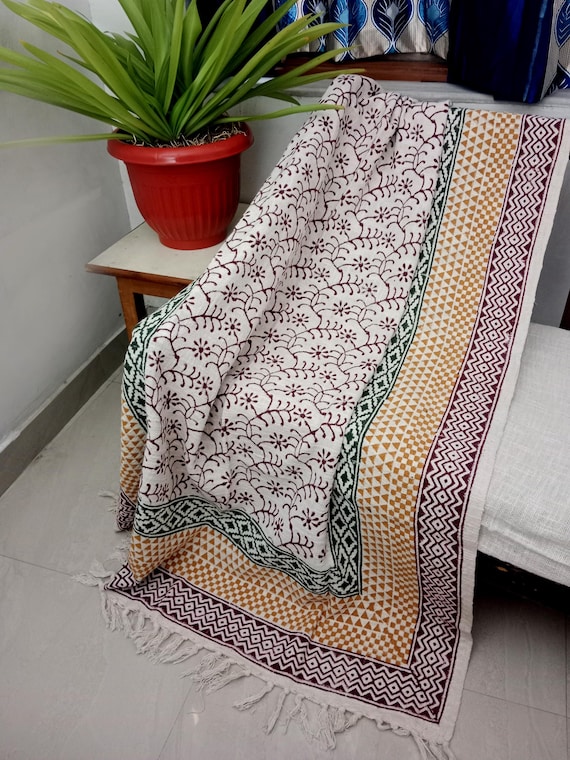 Handmade Premium Sofa Décor Room, Décor Throw Hand block print Throw Cotton Throw Blanket Tassels Hand Loomed Block Print Cotton Sofa Throw.