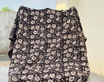 Handwoven Cotton Throw Blanket, Beige and Black Floral Sofa Throw with Tassels, Boho Indian Decorative Blanket for Couch & Bed