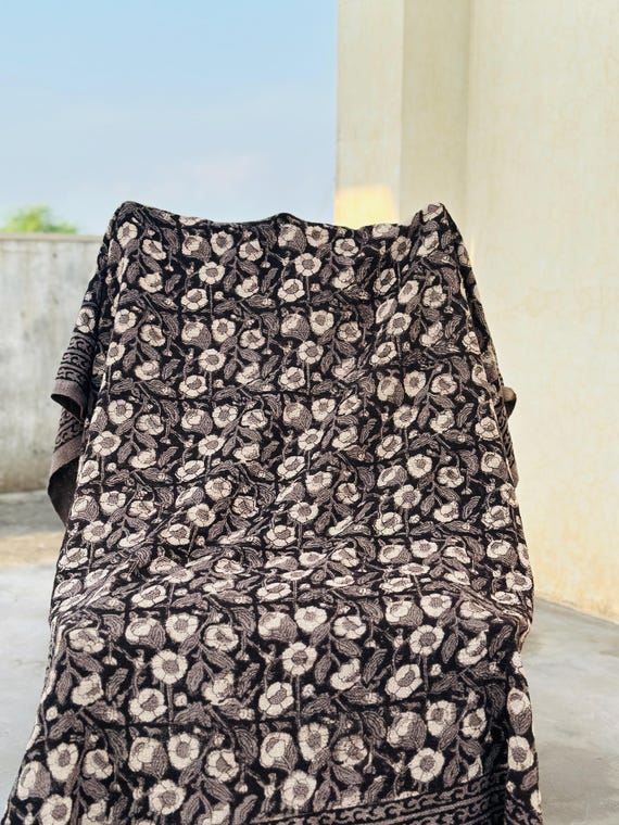 Handwoven Cotton Throw Blanket, Beige and Black Floral Sofa Throw with Tassels, Boho Indian Decorative Blanket for Couch & Bed