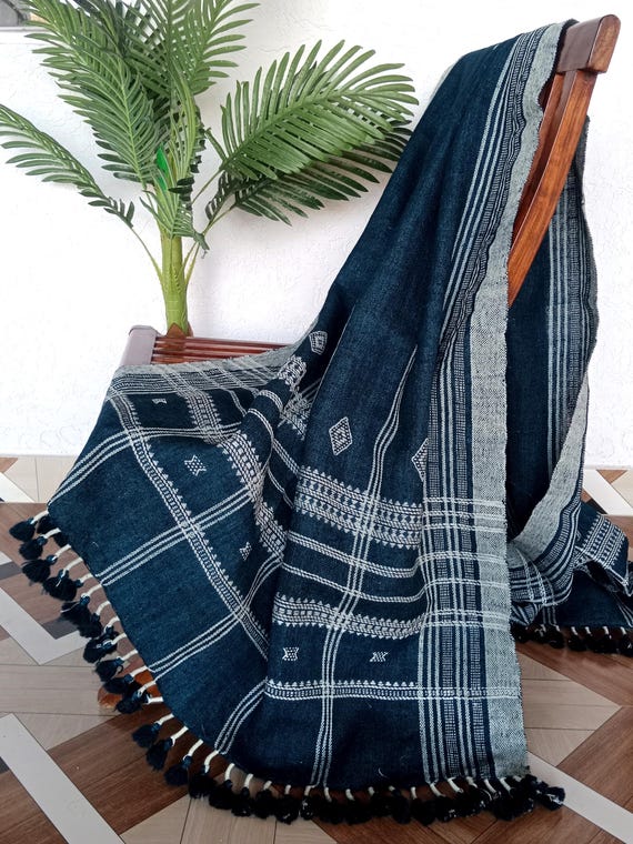 Indian Handmade Heavy Work Wool Throw Blanket | Bhujodi Blanket | Wool Blanket in Handwoven Wool Throw Blanket Cottage Living Room Décor