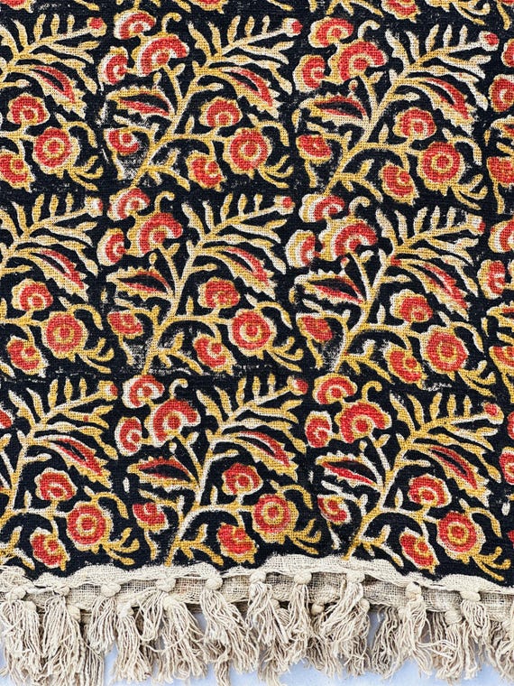 Handmade Cotton Throw Blanket – Black with Red & Mustard Floral Print – Boho Sofa and Bed Cover with Tassels