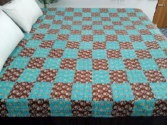 HandBlock Print Kantha Quilt Bedding Floral Handcrafted Cotton Bedspread Handmade Cotton Kantha Quilt Full Size Bedding Bedspread