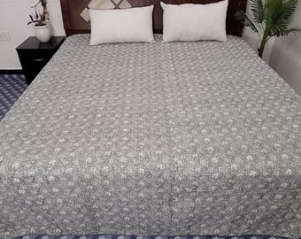 HandBlock Print Bedding Floral Kantha Quilt Handmade Cotton Kantha Quilt Block Print Light Weight Full Size Bedding Bedspread