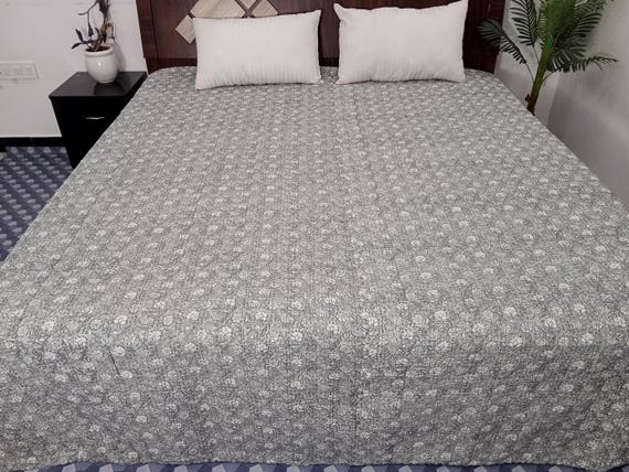 HandBlock Print Bedding Floral Kantha Quilt Handmade Cotton Kantha Quilt Block Print Light Weight Full Size Bedding Bedspread