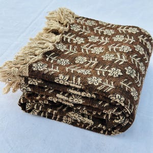 Vintage Handmade Cotton Throw Blanket with Floral Block Print, Brown Boho Sofa & Bed Cover, Traditional Indian Kantha Decor