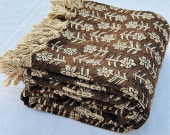 Vintage Handmade Cotton Throw Blanket with Floral Block Print, Brown Boho Sofa & Bed Cover, Traditional Indian Kantha Decor