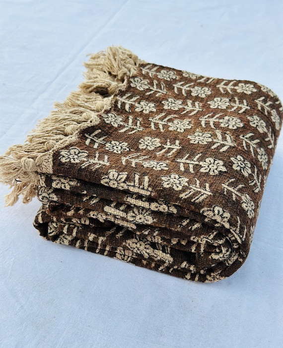 Handmade Cotton Throw Blanket with Floral Block Print, Brown Boho Sofa & Bed Cover, Traditional Indian Kantha Decor