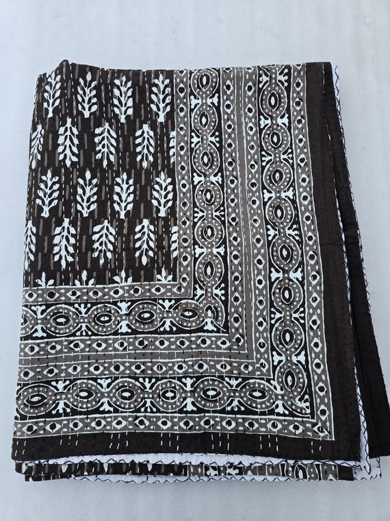 Handmade Floral Ajrakh Print Kantha Quilt - Lightweight Cotton Bedspread