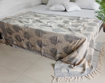 Hand Block Printed Organic Cotton Throw Blanket, Rustic Home Decor