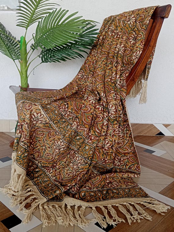 Indian Handmade Soft Cotton Throws Multicolor Blanket, Hand Loom Hand Block Printed Bed Runner Boho Cotton Fringed Blanket Throw.